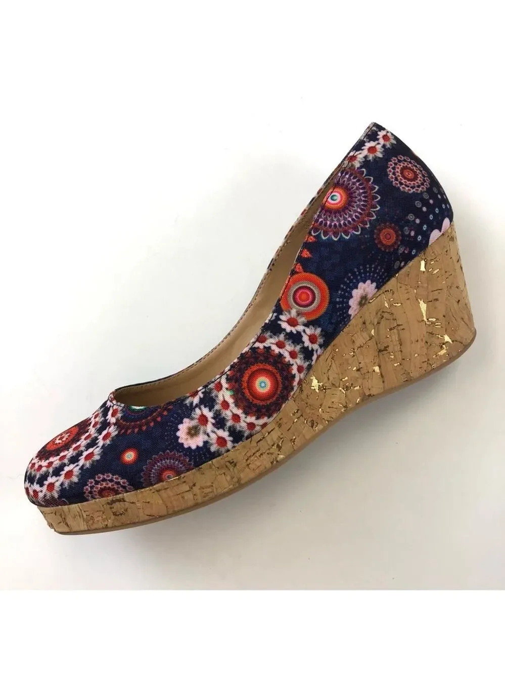 Desigual Mary graphic floral canvas cork wedge heel Size 8